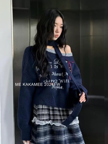 KAKAMEE 字母蝴蝶结保暖毛衣女2024冬季新款韩系撞色减龄套头上衣