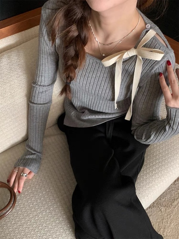 Off-shoulder side slit asymmetric strappy sweater for women spring slimming sweater