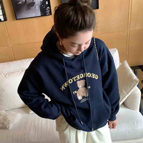 Bear gray hooded velvet thickened sweatshirt for women in autumn and winter for small people American oversize loose lazy top