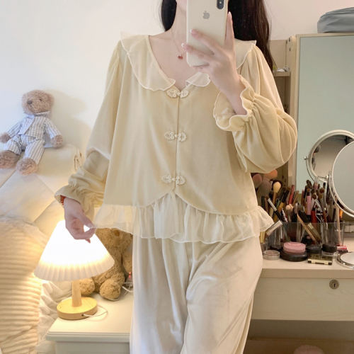 Autumn and winter gold velvet sweet and cute palace style home clothes national style new Chinese style pajamas set for women