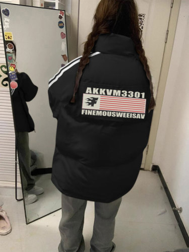 高品质手塞棉加厚冬季新款棉服三条杠宽松印花棉衣面包服女