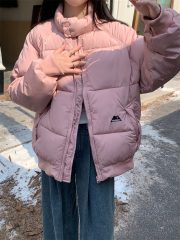 Real Shot Real Stand Collar Cotton Jacket Women's Winter Solid Color Neutral Style Loose Warm Couple Jacket