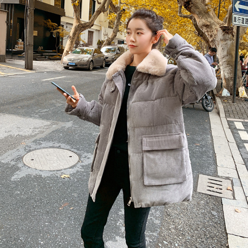 韩版ins灯芯绒学生宽松面包服棉袄大码加厚毛领羽绒棉衣女棉服冬