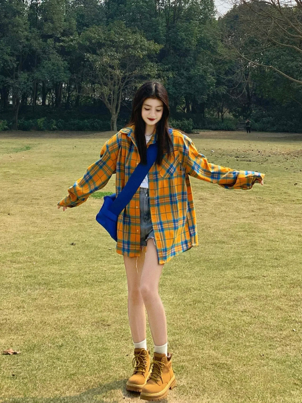 Yellow plaid shirt design high-end new loose couple casual bf style early spring chic top trendy
