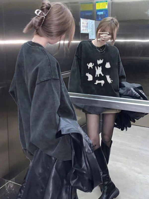 Pure cotton American sweatshirt oversize niche high street fashion brand ins spring and autumn loose lazy top...