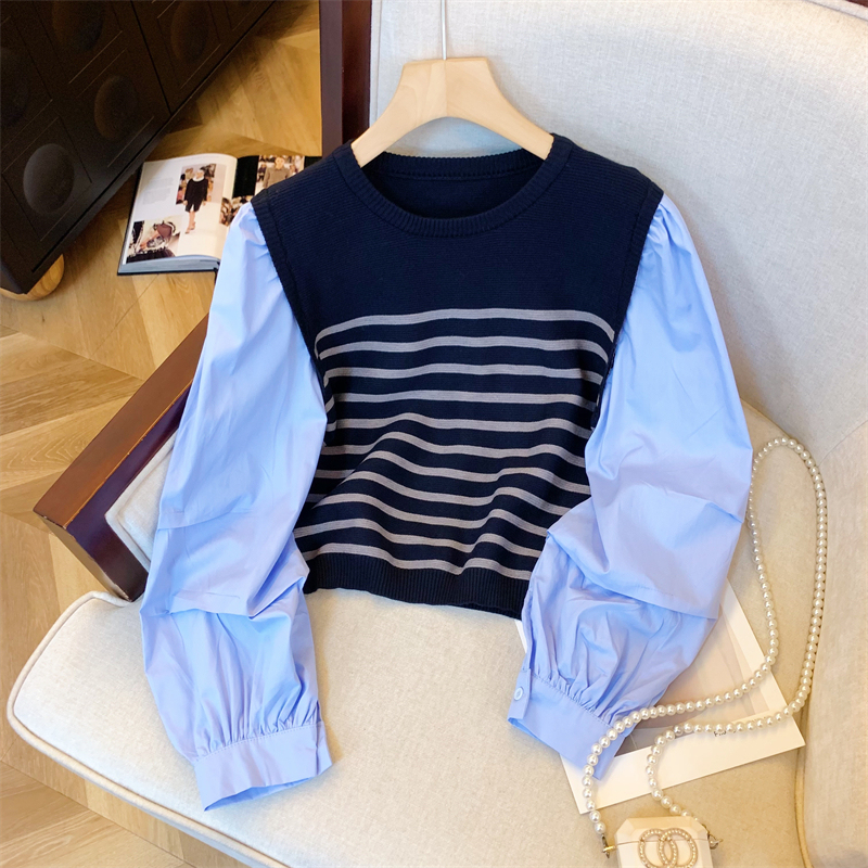 Autumn new style Korean loose and slim design fake two-piece knitted stitching versatile shirt women's tops