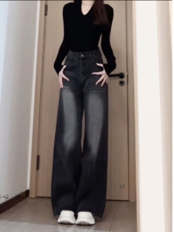 High quality spot #150 short black gray straight jeans for women autumn high waist loose floor-length wide leg pants