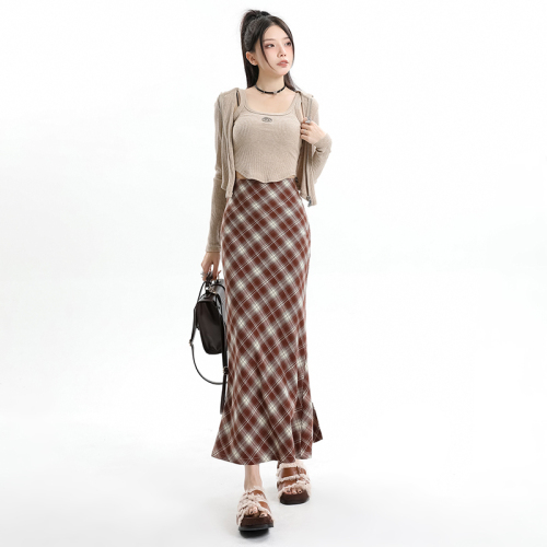 Retro plaid fishtail skirt women's autumn and winter high-waist slimming A-line hip-hugging temperament long skirt