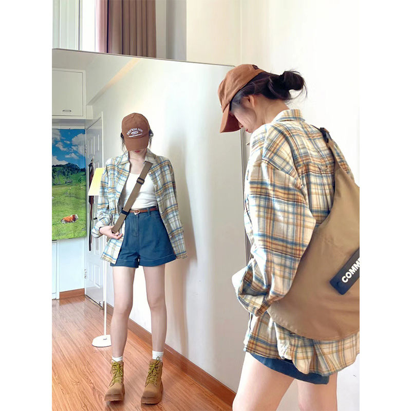 Power style retro plaid shirt jacket women's spring and autumn shirt French linen cotton linen long-sleeved early autumn top