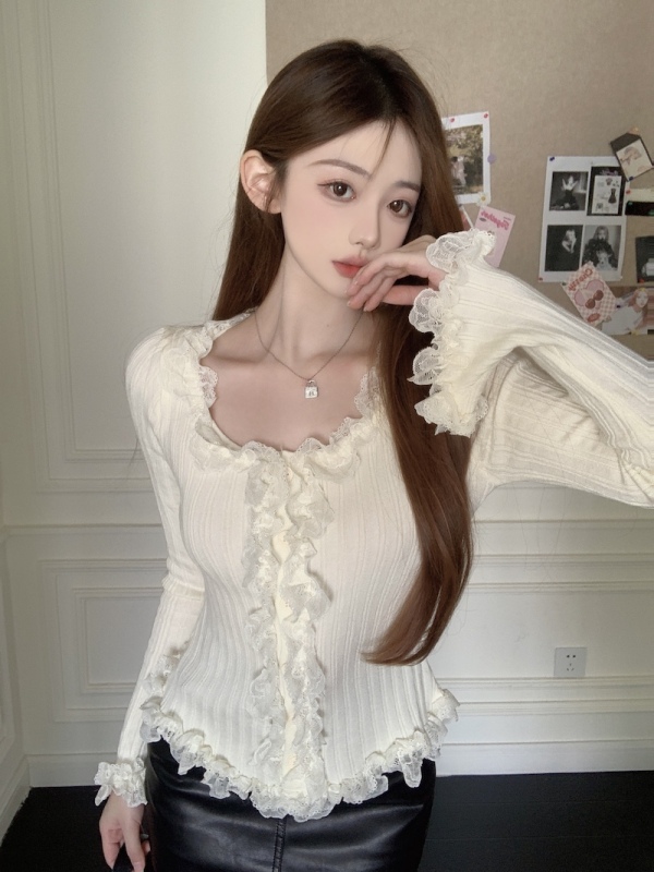 French lace splicing lace knitted cardigan for women autumn design pure desire waist sweater short top