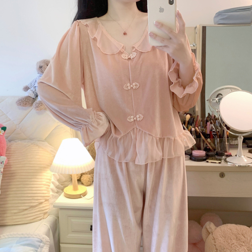 Autumn and winter gold velvet sweet and cute palace style home clothes national style new Chinese style pajamas set for women