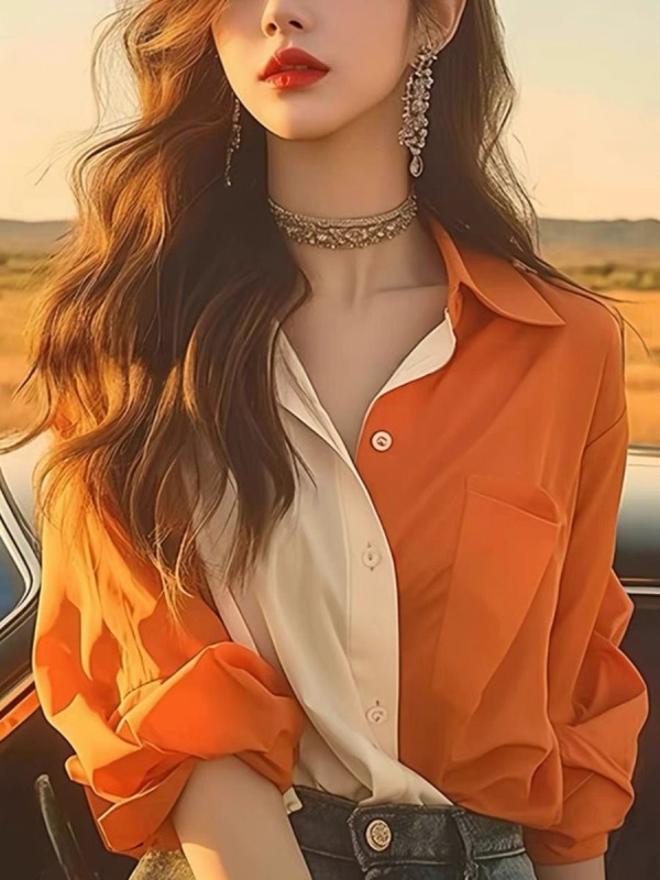 Cool, high-end, light and sophisticated French niche tops, orange color-blocked sunscreen shirts, new women's summer clothing