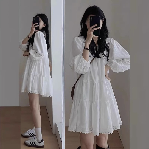 French white puff sleeve shirt dress for women 2024 new spring and summer long-sleeved Yunnan travel wear