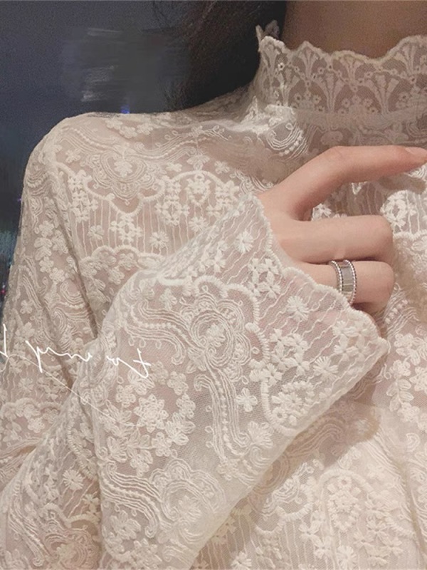 Lace bottoming shirt for women in spring and autumn new style high-necked shirt with temperament hollow long-sleeved mesh top inside