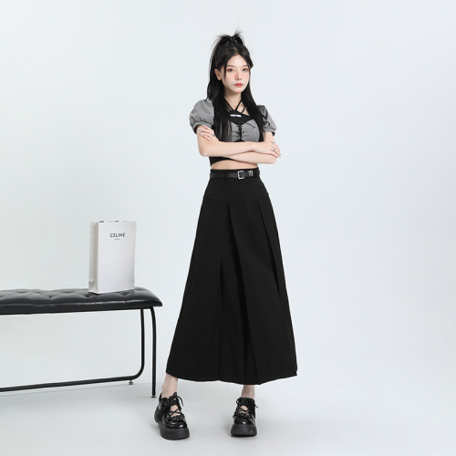 Black pleated suit skirt for women autumn new high-waist drape two-wear mid-length a-line umbrella skirt