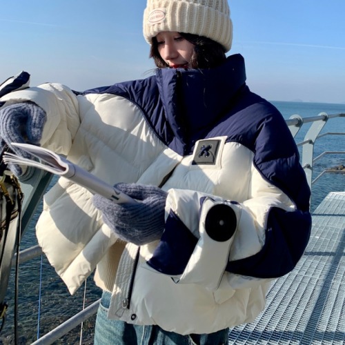 小香风拼接撞色羽绒棉服冬季2024新款立领小个子面包服短外套炸街