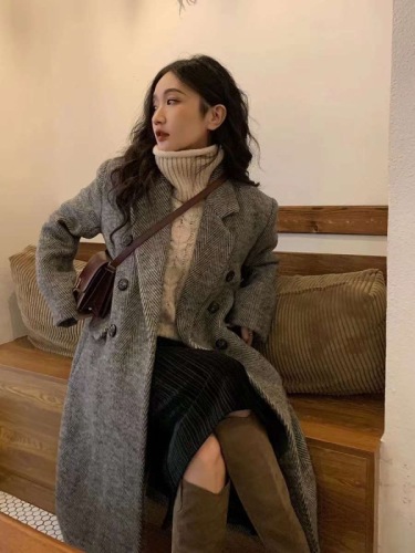 High-grade cashmere woolen coat for women 2024 winter new style Korean style fashionable variegated tweed long style