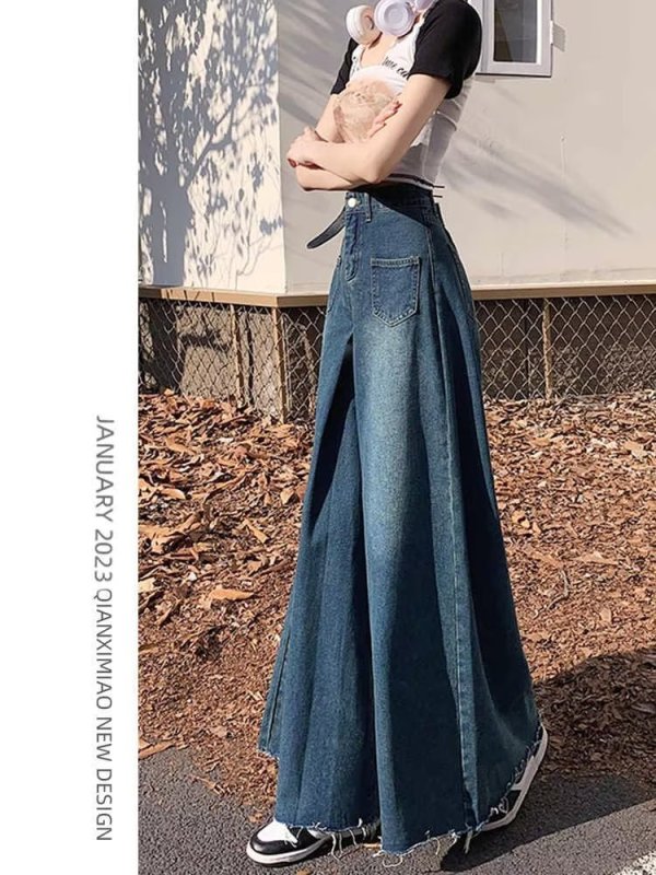 Template large size retro wide-leg loose jeans for women spring new style raw edges lazy and flesh-covering pear-shaped pants