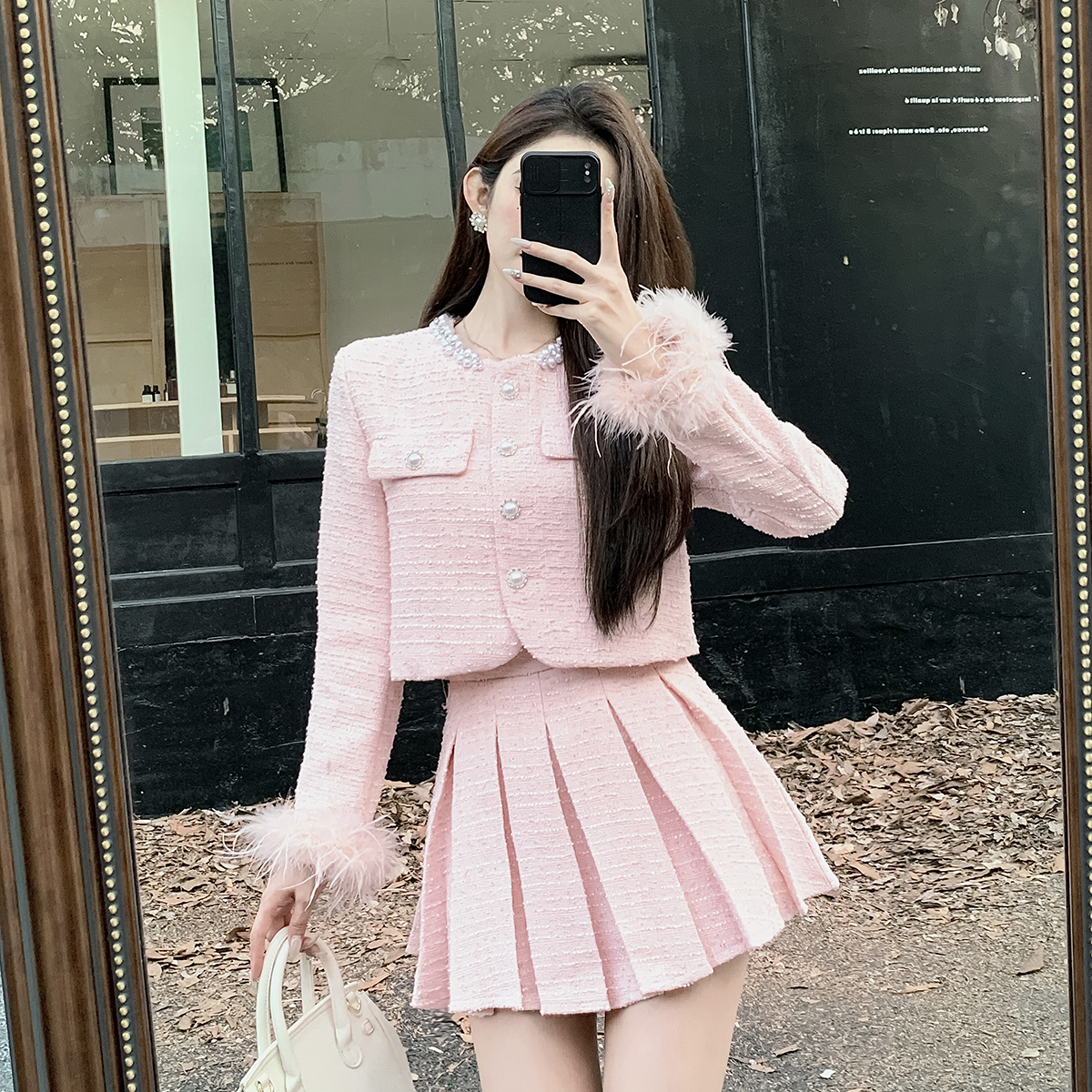 實拍小香風套裝女新款排扣毛毛袖粗花呢外套百褶裙兩件套