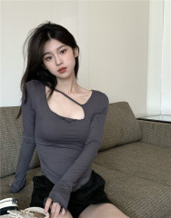 Pure lust style one strap long sleeve slim tight T-shirt versatile tee top