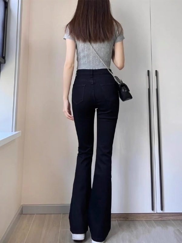 Black bootcut jeans for women with pear-shaped body, early autumn large size high-waisted hip-covering slim straight-leg stretchy horse hoof pants