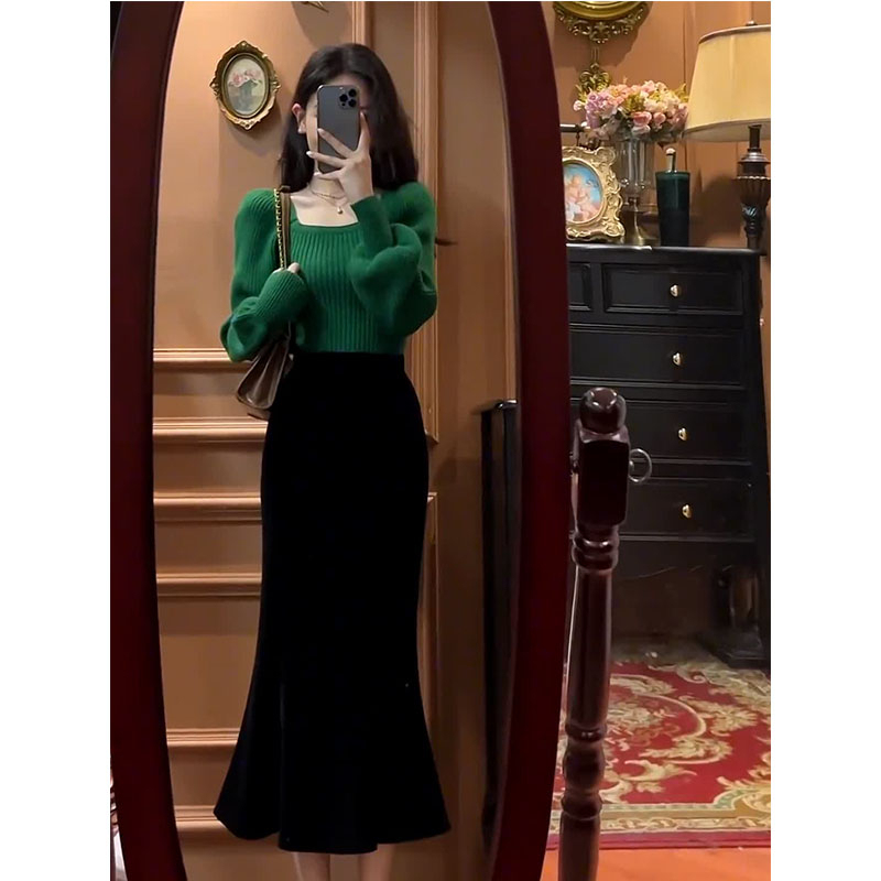 Gentle style women's new French style puff sleeve sweater skirt two-piece set