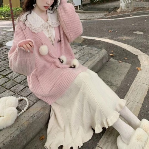 College style sweet solid color horn button fur ball cardigan sweater for women