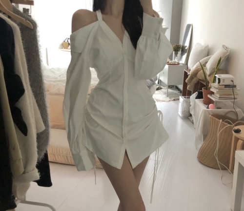 New design off-shoulder drawstring waist niche halter neck shirt dress