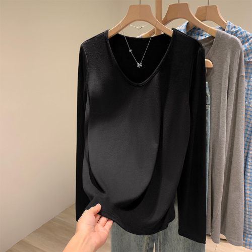 Double-sided German velvet V-neck collarbone exposed long-sleeved women's early autumn lazy style T-shirt