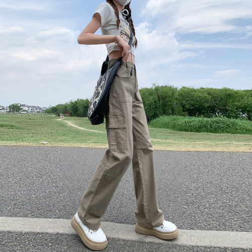 Workwear denim trousers for women summer new American style high waist loose casual straight wide leg floor mopping pants