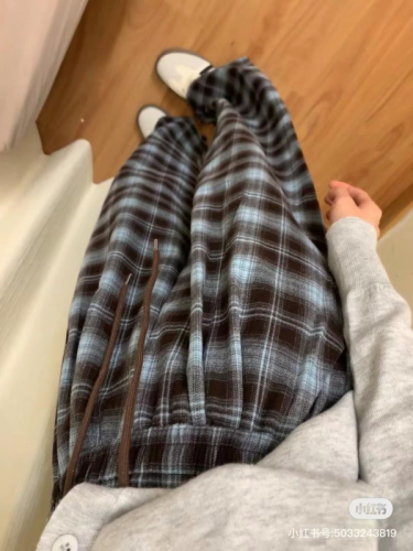 Original 430g brushed plaid drape casual pants for women high waist slimming wide leg floor mopping pants