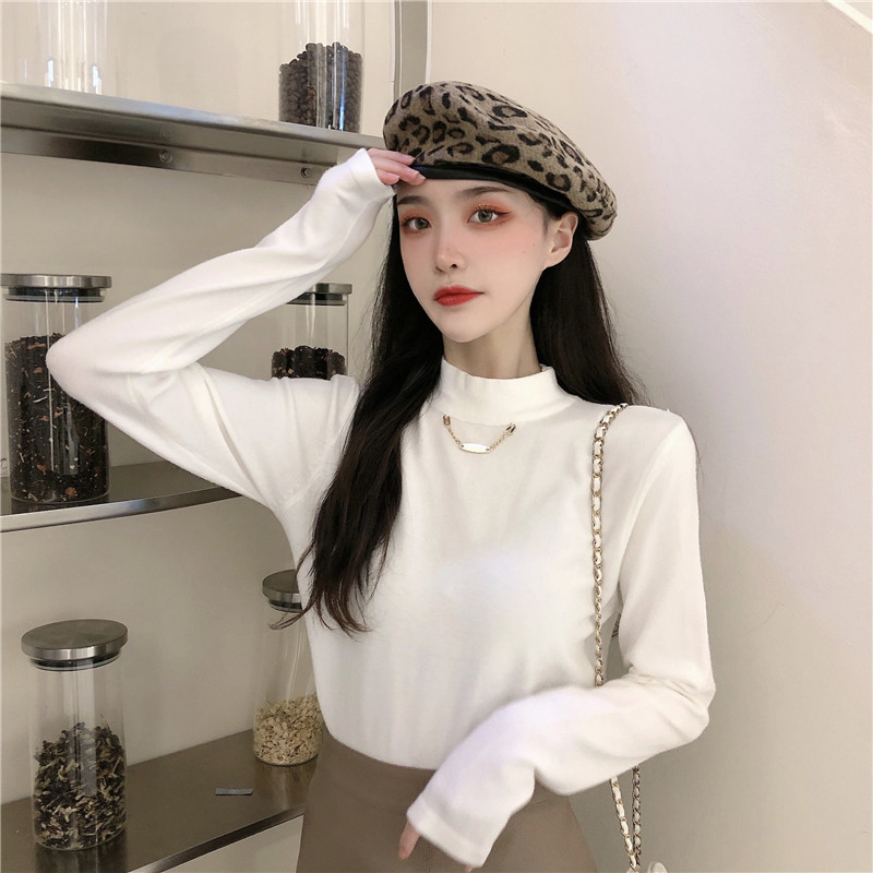 Korean style high collar chain base T-shirt basic versatile long-sleeved brushed sweater top for women