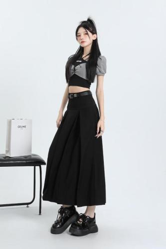 Black pleated suit skirt for women autumn new high-waist drape two-wear mid-length a-line umbrella skirt