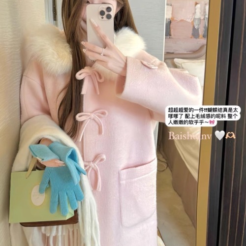 Miss Bow Tie Fur Collar Hooded Coat for Women Autumn and Winter Korean Atmosphere Warm Long Coat