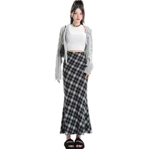 Retro plaid fishtail skirt women's autumn and winter high-waist slimming A-line hip-hugging temperament long skirt