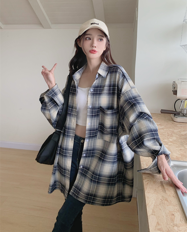 Versatile retro plaid shirt for women petite shirt jacket casual cardigan top