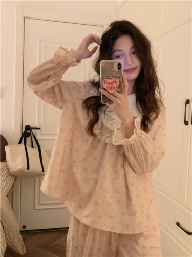 Autumn retro palace style sweet girly floral lace long-sleeved home wear pajamas set