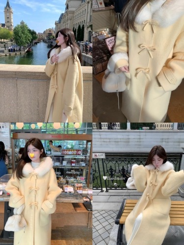 Miss Bow Tie Fur Collar Hooded Coat for Women Autumn and Winter Korean Atmosphere Warm Long Coat