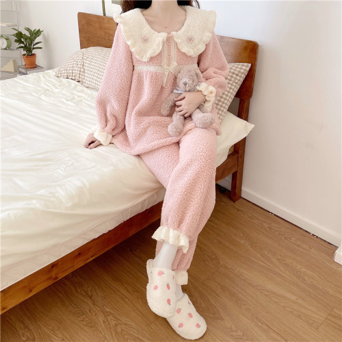 Winter sweet princess style doll collar coral velvet warm home wear pajamas set that can be worn outside