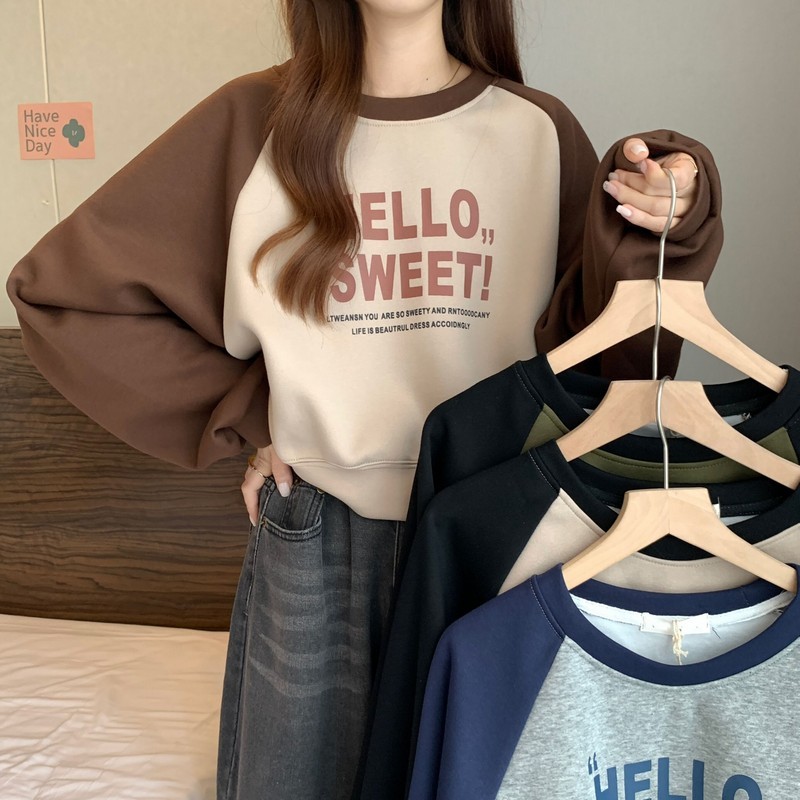 Autumn Korean style new design contrasting raglan sleeves letter print loose and versatile long-sleeved sweatshirt