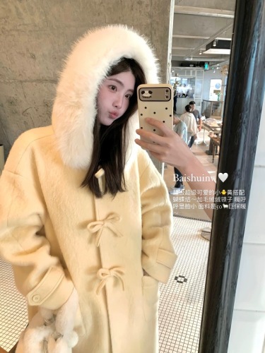 Miss Bow Tie Fur Collar Hooded Coat for Women Autumn and Winter Korean Atmosphere Warm Long Coat