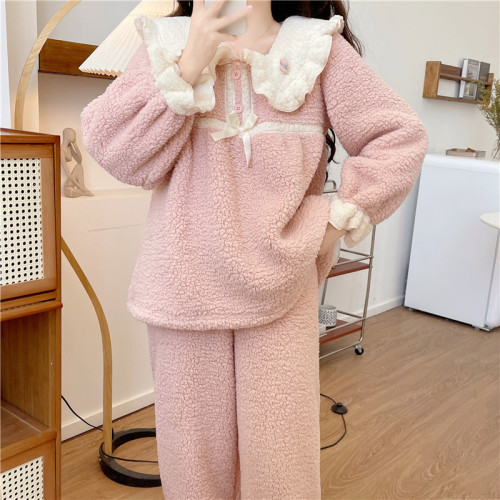 Winter sweet princess style doll collar coral velvet warm home wear pajamas set that can be worn outside