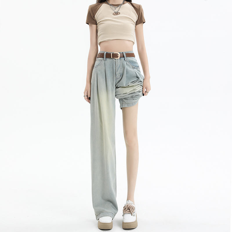 Summer Korean style blue denim wide-leg pants, high-waisted, loose, slimming, pleated design, straight-leg floor-length pants