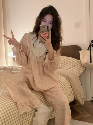 Autumn retro palace style sweet girly floral lace long-sleeved home wear pajamas set