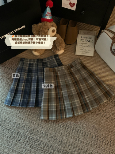 Real shot of college style patterned woolen pleated skirt, retro A-line skirt, fat mm slimming skirt