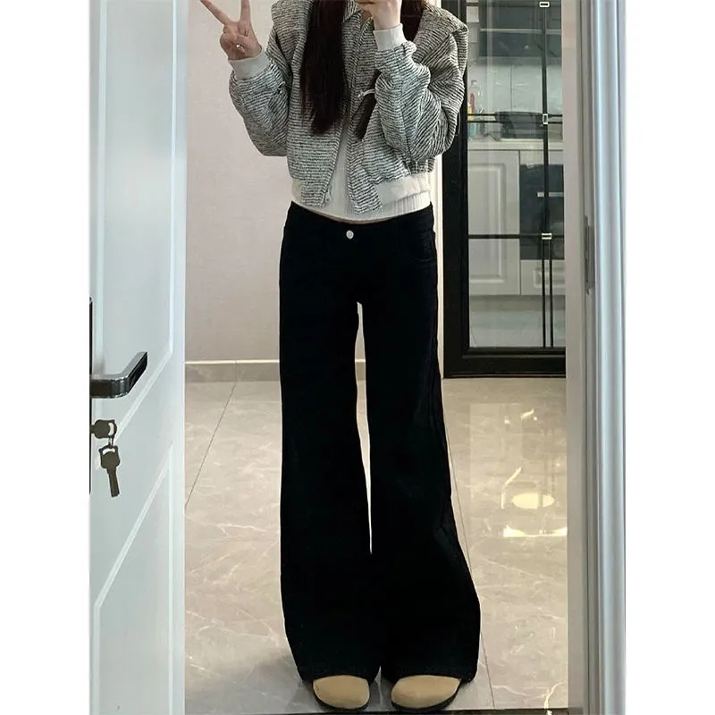 American hot girl low-waisted slightly booted jeans for women in autumn new black loose wide-legged flared slim floor-length pants