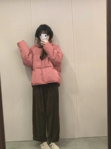 冬上新！立领羽绒棉服韩版简约面包服外套棕色阔腿裤两件套装女