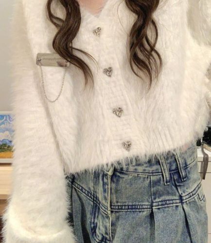 Spring and autumn milk fufu furry gentle casual all-match cardigan sweater for women autumn and winter short loose soft waxy sweater