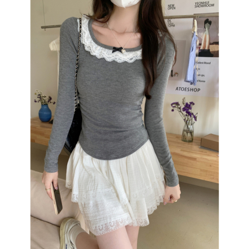 Real shot of cashmere lace plus velvet thickened brushed long-sleeved T-shirt for women in autumn and winter