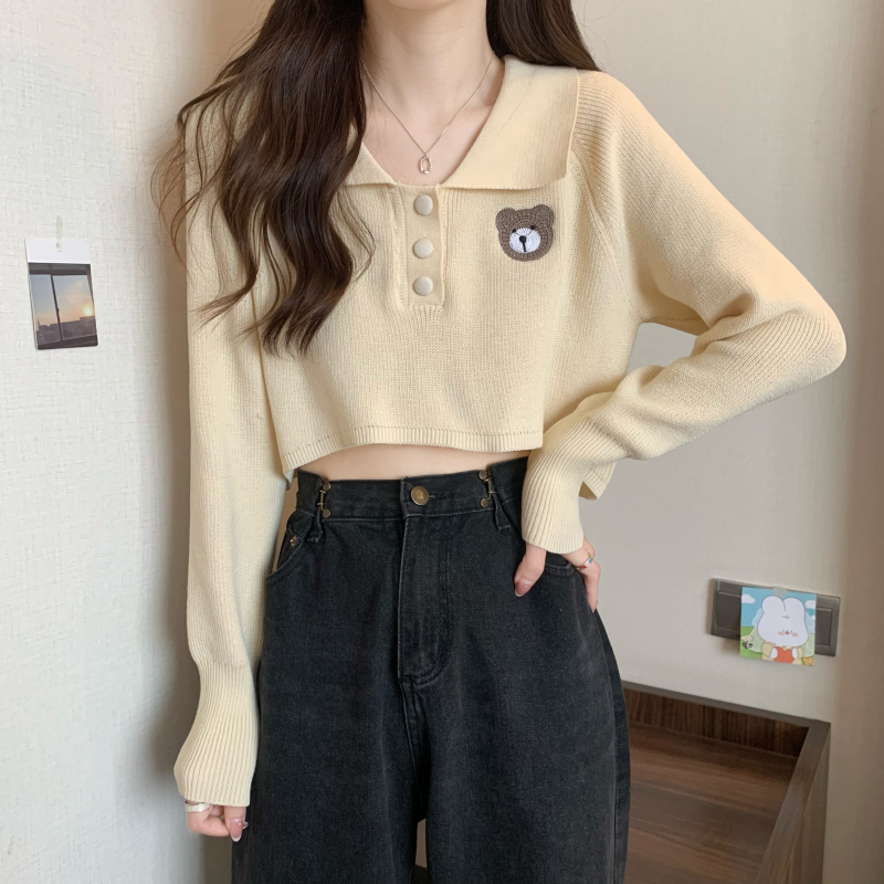 Autumn new Korean style POLO collar cute bear embroidered lantern sleeve versatile short sweater